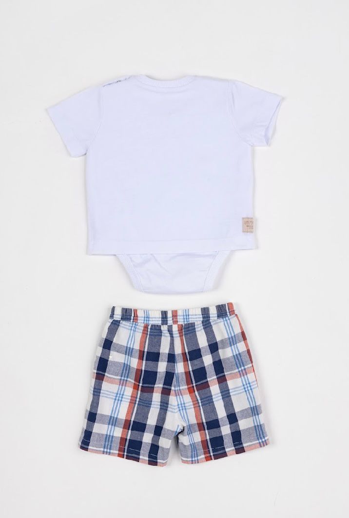 Conjunto Bebê Camiseta-Body Bear e Bermuda Xadrez Azul - Um Mais Um