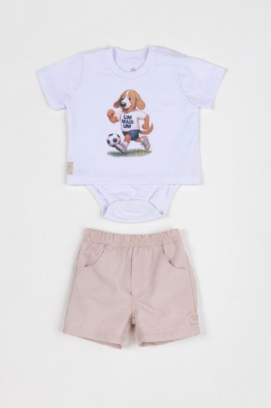 Conjunto Bebê Camiseta-Body Cachorrinho Futebol e Bermuda Bege - Um Mais Um