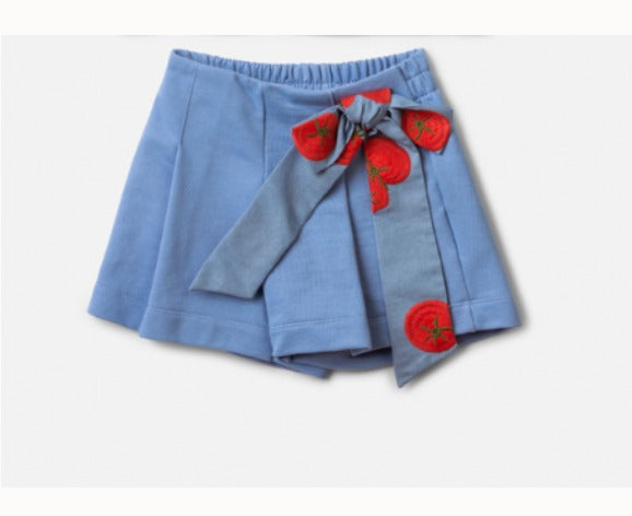 Conjunto Infantil Blusa Minnie Estampa Tomates e Saia Shorts Laço Bordado de Tomate - Animê