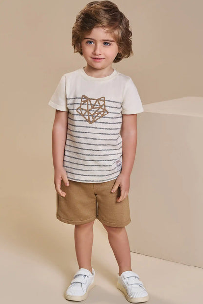 Conjunto Infantil Camiseta Algodão Listrada e Bermuda Moletom Bege - Little Johnny