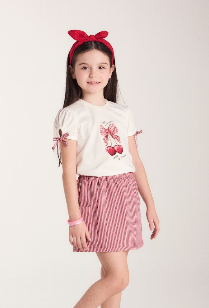 Conjunto Infantil Blusa Algodão Lacinhos Mangas e Saia Sarja Xadrez Vermelho - Beabá