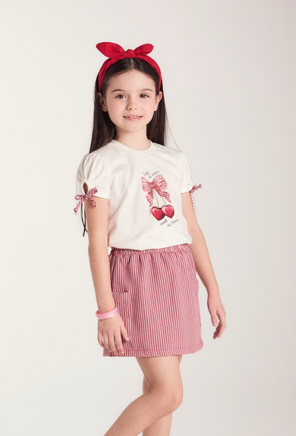 Conjunto Infantil Blusa Algodão Lacinhos Mangas e Saia Sarja Xadrez Vermelho - Beabá