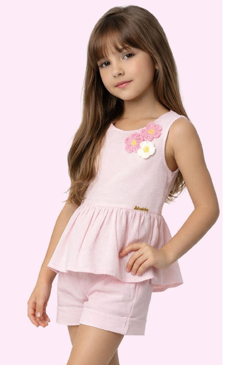 Conjunto Infantil Blusa Com Aplicação de Flor Em Crochê e Shorts - Luluzinha