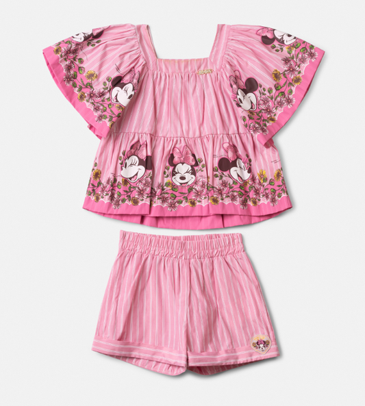 Conjunto Infantil Rosa Listrado Blusa Minnie Floral e Shorts - Animê
