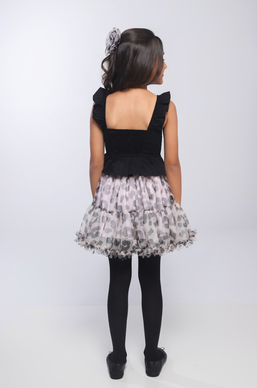 Conjunto Infantil Blusa Peplum Babadinho e Saia Rodada Tule Animal Print P&B - Luluzinha