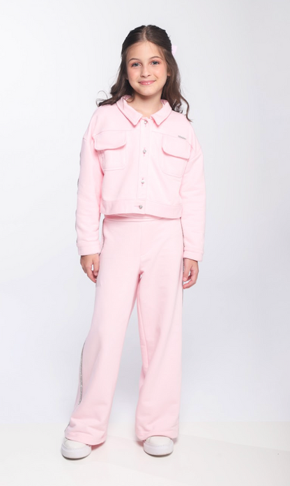 Conjunto Infantil Trio Blusa ML Laço, Casaco Strass e Calça Wide Leg com Glitter Lateral - Luluzinha