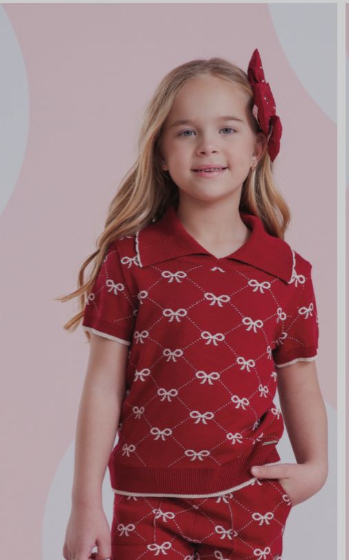 Blusa Infantil Tricot Gola Polo Mini Laços Vermelha- Pituchinhus