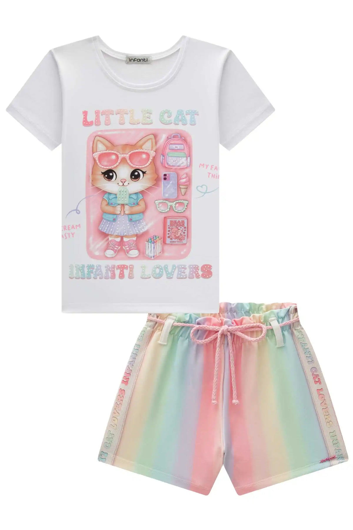 Conjunto Infantil Blusa Cat e Shorts Colorido - Infanti