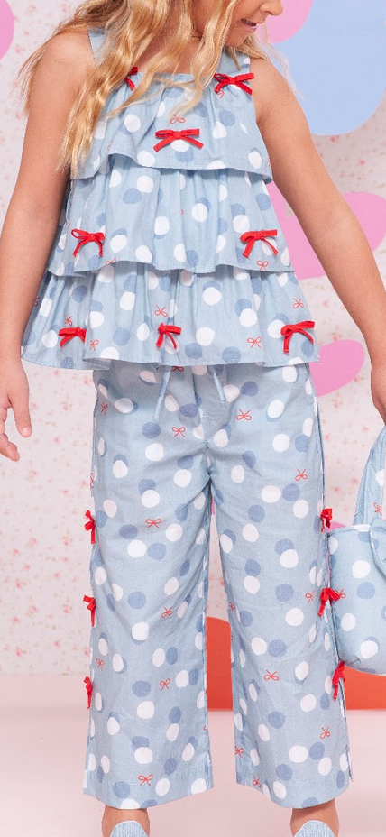 Conjunto Infantil Regata Calça Reta Estampa Poá Lacinhos Vermelho - Pituchinhus