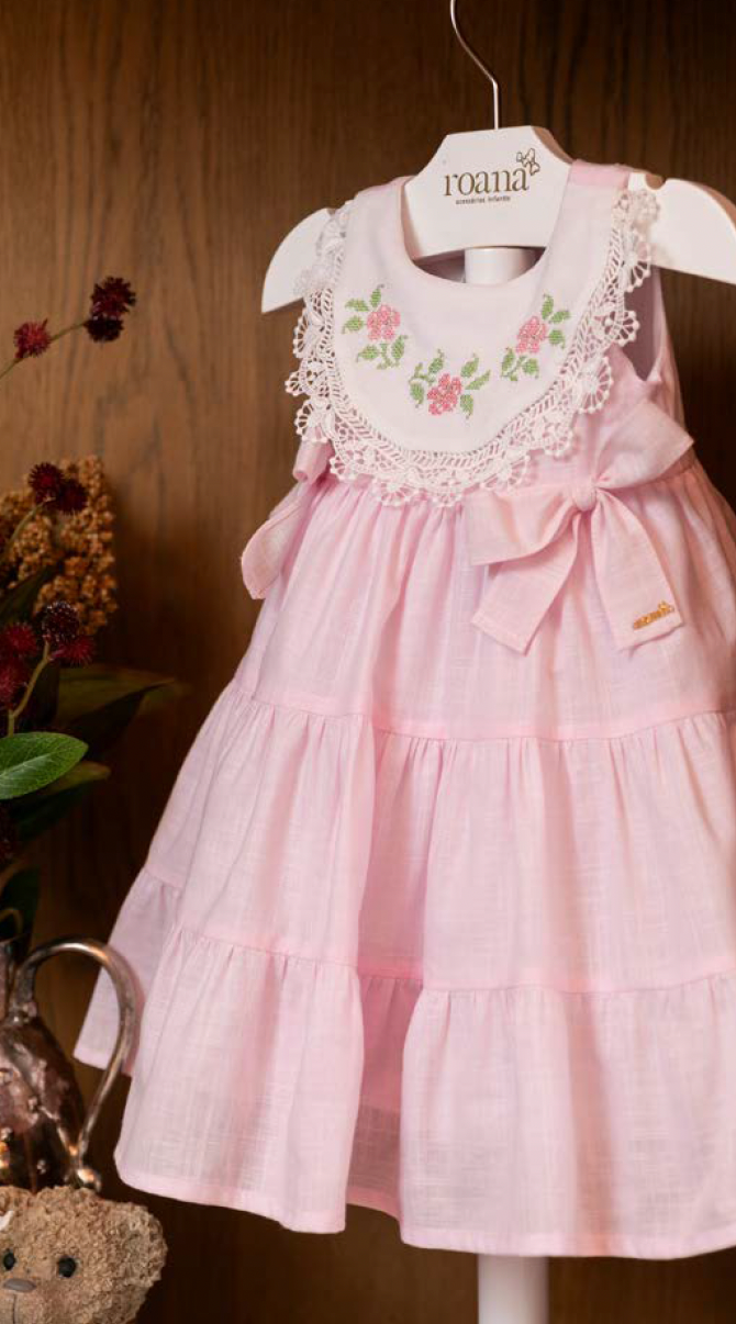 Vestido Infantil Algodão Clássico Rosa Gola Branca Bordada e Rendada - Roana