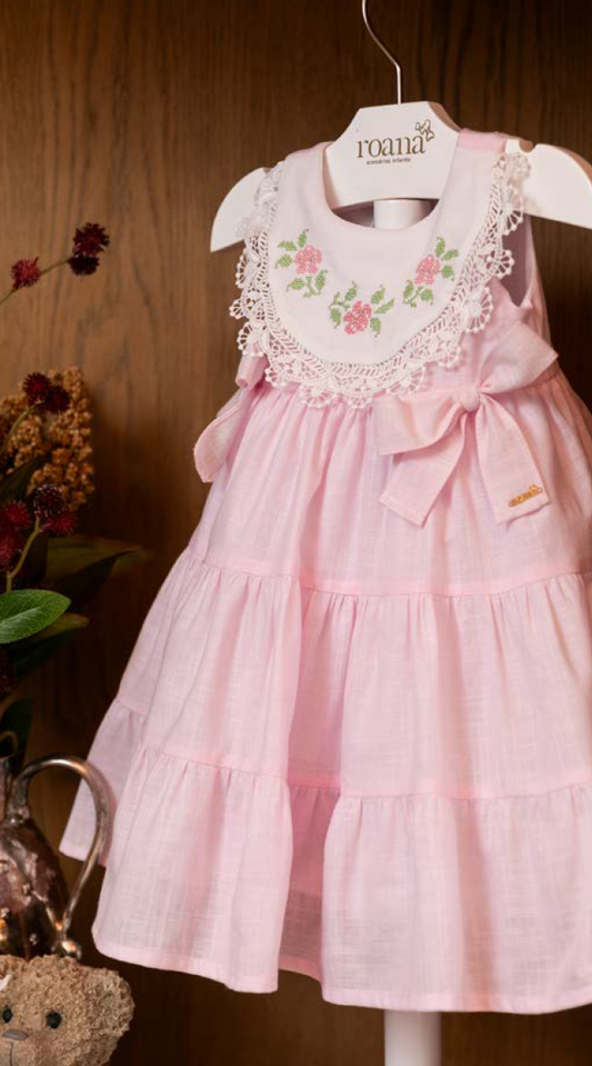 Vestido Infantil Algodão Clássico Rosa Gola Branca Bordada e Rendada - Roana