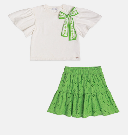 Conjunto Infantil Blusa Laço Estampado e Saia Bordado Verde - Momi