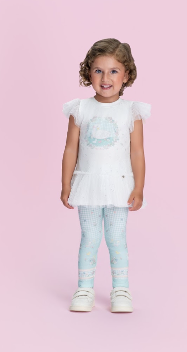 Conjunto Infantil Blusa Mangas Tule e Calça Azul Quadriculada - Petit Cherie