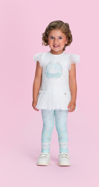 Conjunto Infantil Blusa Mangas Tule e Calça Azul Quadriculada - Petit Cherie