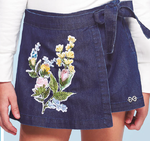 Shorts-Saia Infantil Jeans Bordada Flores - Luluzinha