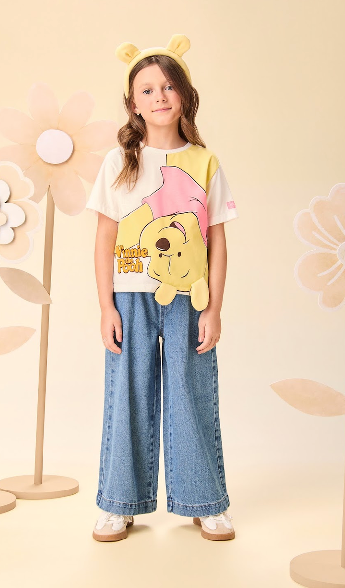 Conjunto Infantil Blusa Ursinho Pooh Orelhas Pérolas e Calça Jeans Wide Leg  - Momi