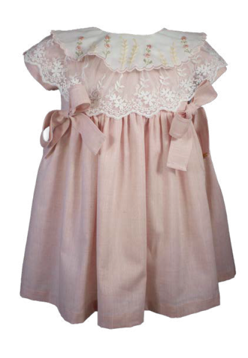 Vestido Infantil Clássico Luxo Gola Bordada e Renda Rosa Seco - Roana