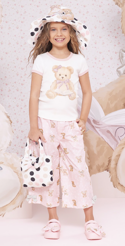 Conjunto Infantil Blusa Ursinho e Laço Nas Costas e Calça Pantacourt Algodão Estampa Ursinhos - Pituchinhus