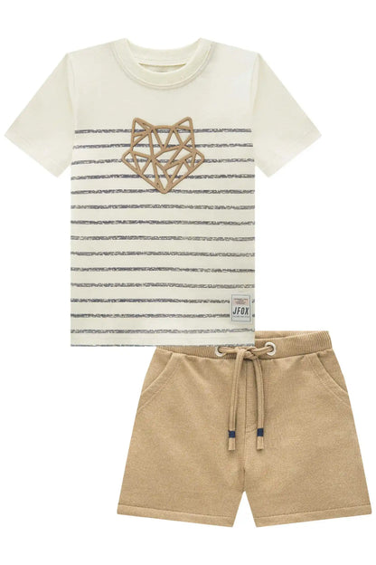 Conjunto Infantil Camiseta Algodão Listrada e Bermuda Moletom Bege - Little Johnny