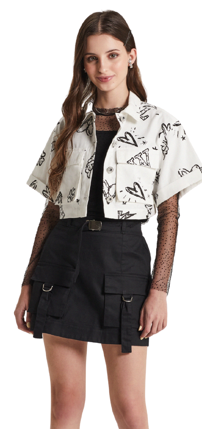 Conjunto Teen Trio Camisa Cropped Stars, Blusa Tule Poá e Saia Sarja Bolsos e Cinto - Two In