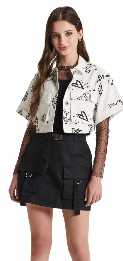 Conjunto Teen Trio Camisa Cropped Stars, Blusa Tule Poá e Saia Sarja Bolsos e Cinto - Two In