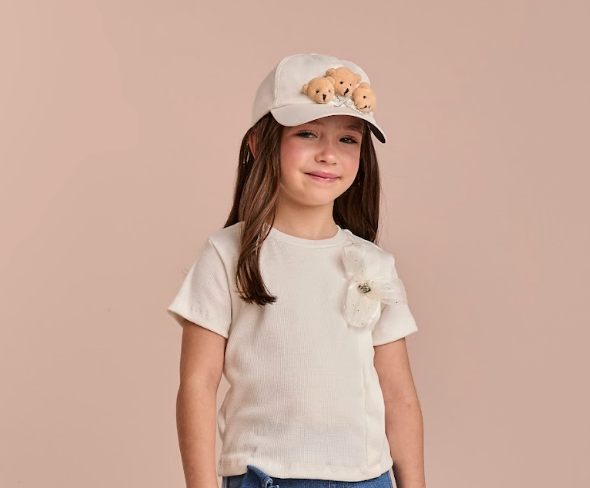 Conjunto Infantil Camiseta Off White Lacinho Tule e Calça Wide Leg Cargo Bege - Gabriela Aquarela