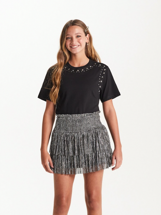 Conjunto Teen Camiseta Oversized e Saia Tule Lurex Plissada Preto - Two In