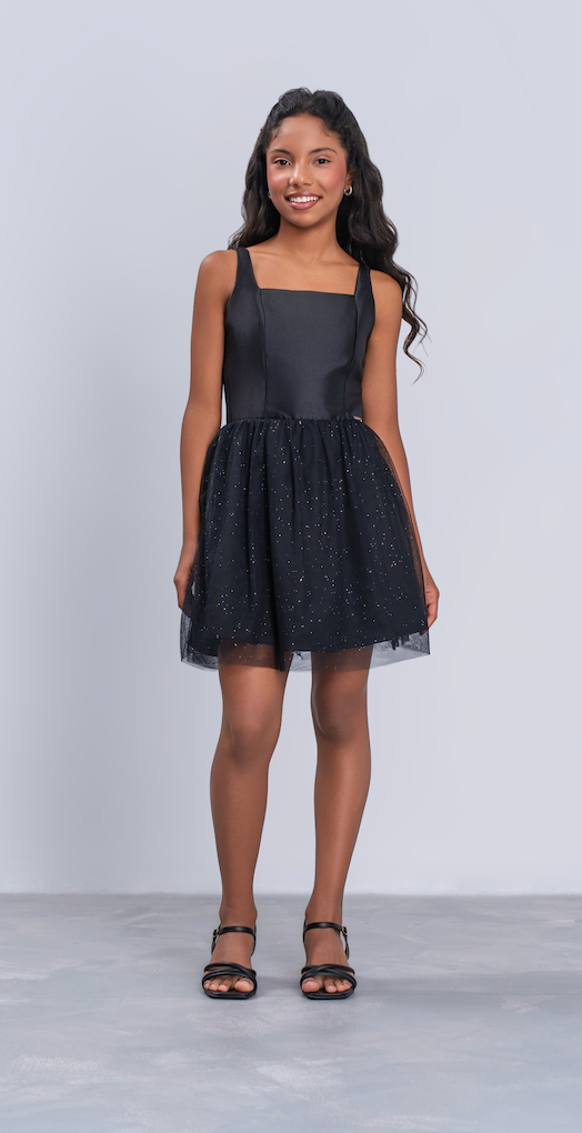 Vestido Teen Saia Em Tule Brilhante Preto - Vanilla Cream