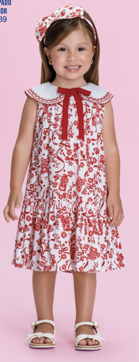 Vestido Infantil Linho Bordado Florais Vermelho - Petit Cherie