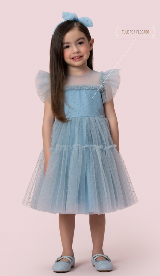 Vestido Infantil Festa Tule Flocado Azul Céu - Petit Cherie