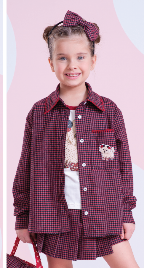 Conjunto Infantil Trio Xadrez Camisa Max Patche Cachorrinho, Blusa Cristais e Saia-shorts Pregas - Pituchinhus