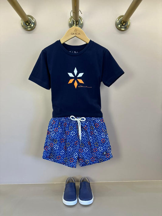 Conjunto Infantil Camiseta Algodão Marinho e Shorts Estampado - Dudes