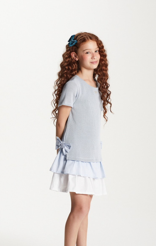 Vestido Infantil Jumper Piquet Babados Algodão Listrado Azul - Um Mais Um