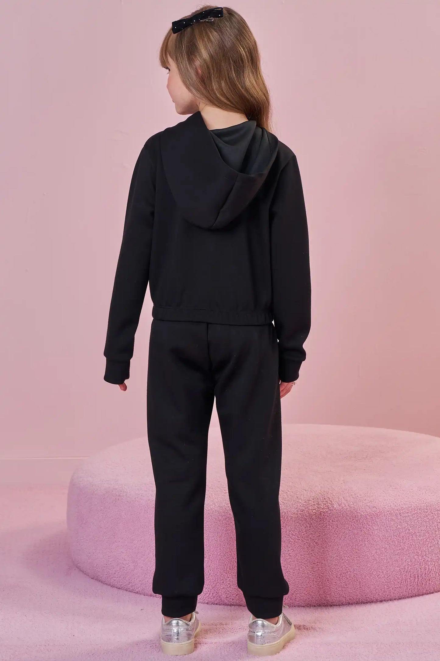Conjunto Infantil Blusão Boxy Lacinhos Strass e Calça Jogger Tecnonew Preto - Infanti