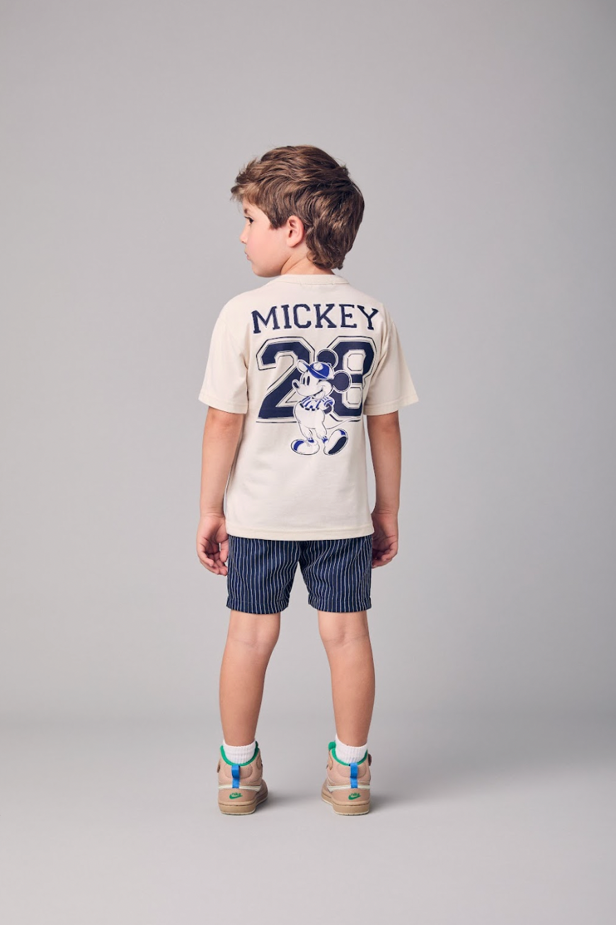 Conjunto Infantil Camiseta Bege Mickey e Bermuda Marinho Listrada - Youccie