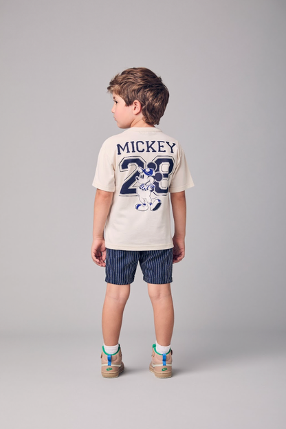 Conjunto Infantil Camiseta Bege Mickey e Bermuda Marinho Listrada - Youccie