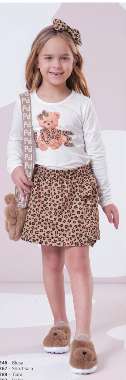 Conjunto Infantil Blusa Ursinha Love e Saia-shorts  Sarja Babadinho Oncinha - Pituchinhus PRÉ-VENDA
