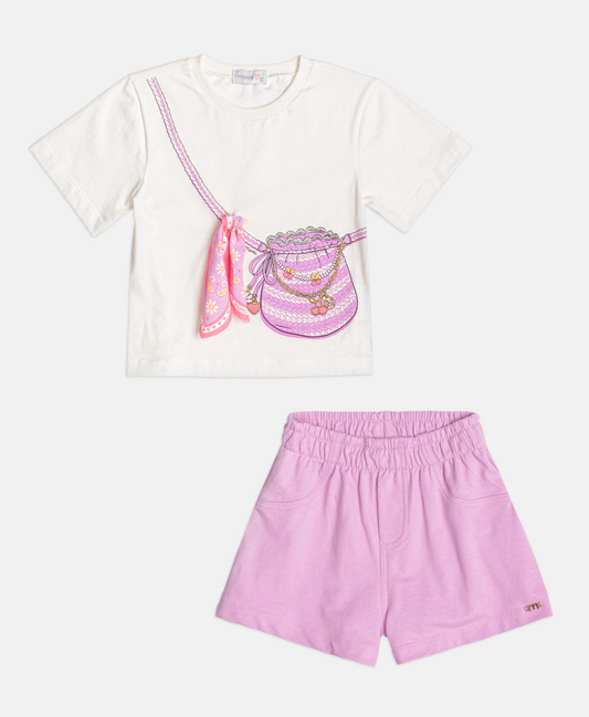 Conjunto Infantil Blusa Estampa Bolsa Transversal e Shorts Cós Elástico Franzido- Momi