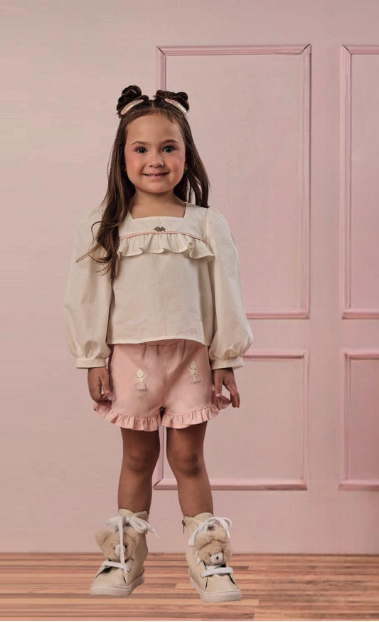 Conjunto Infantil Short Bailarinas E Blusa Bata Em Tricoline Off White - Gabriela Aquarela