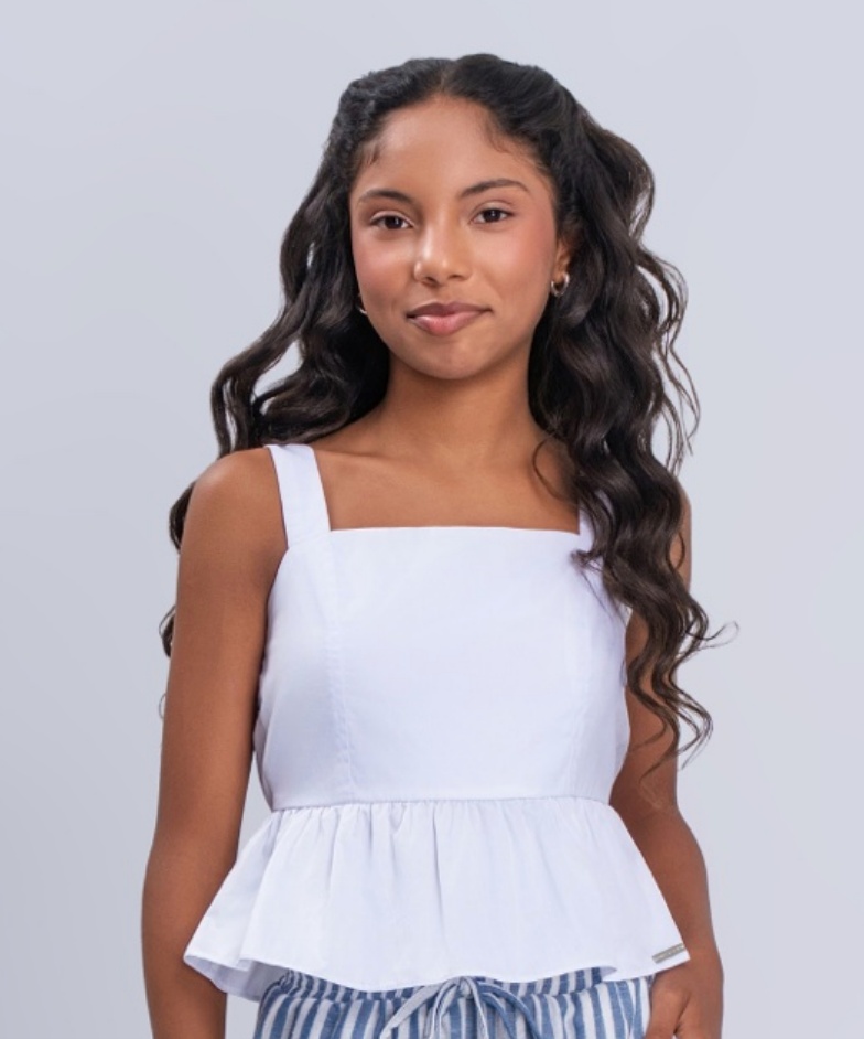 Blusa Teen Cropped Tricoline Peplum - Vanilla Cream - Pré Venda