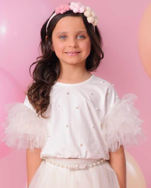 Blusa Infantil de Algodão com Babados de Tule Pérolas e Cristais - Pituchinhus
