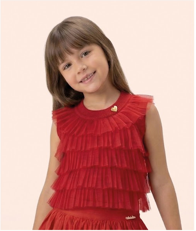 Conjunto Infantil Regata Canelada Vermelha Babados em Tule Calça Wide Leg Pingente Urso - Luluzinha