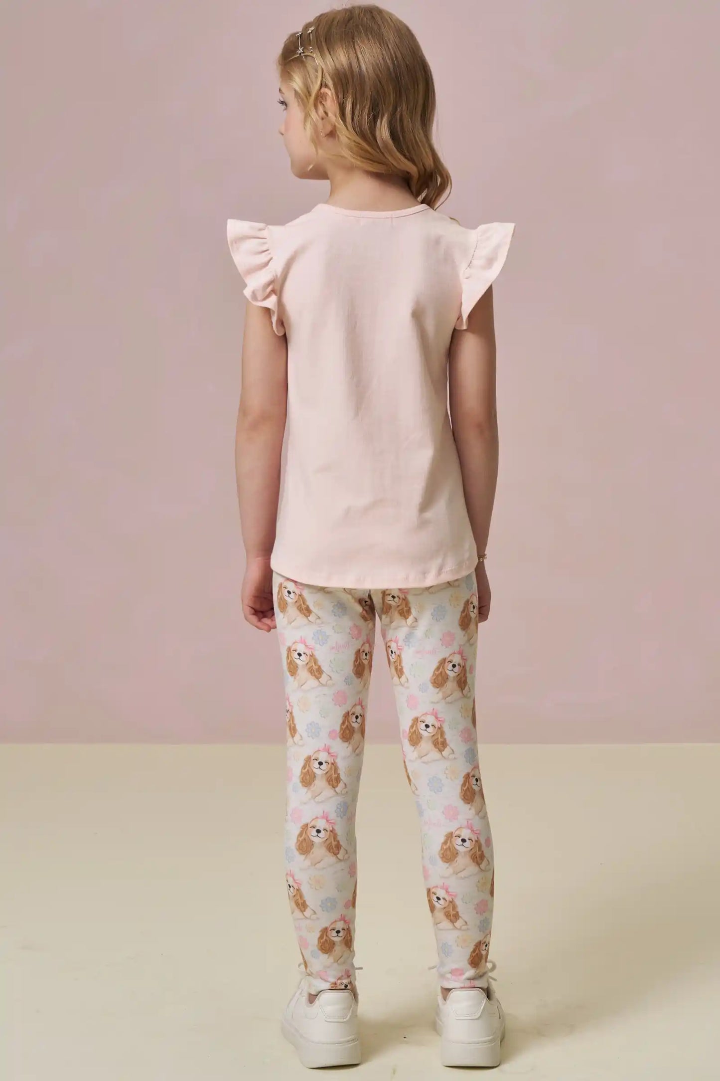 Conjunto Infantil Blusa Cachorrinha Flores e Legging Estampada Cachorrinhas - Infanti