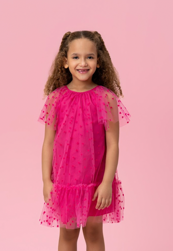 Vestido Infantil Trapézio Tule Corações Pink - Mon Sucré