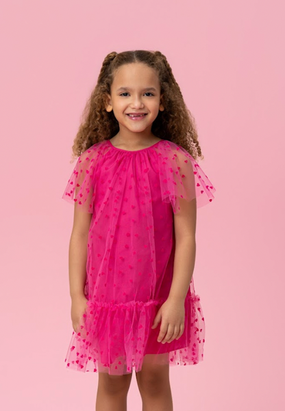 Vestido Infantil Trapézio Tule Corações Pink - Mon Sucré