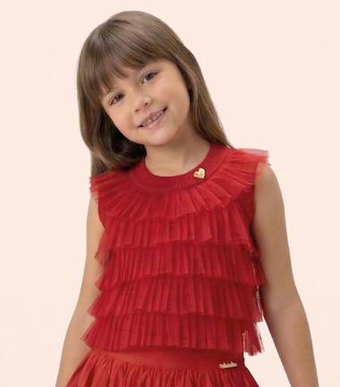 Conjunto Infantil Regata Canelada Vermelha com Babados Shorts Saia Jeans com Cinto - Luluzinha