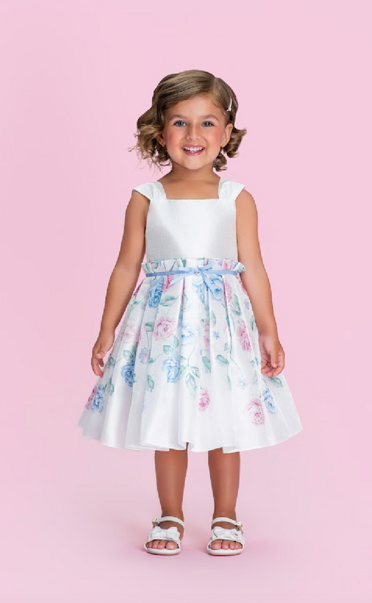 Vestido Infantil Branco com Saia Floral em Tons de Azul e Rosa e Laço na Cintura - Petit Cherie