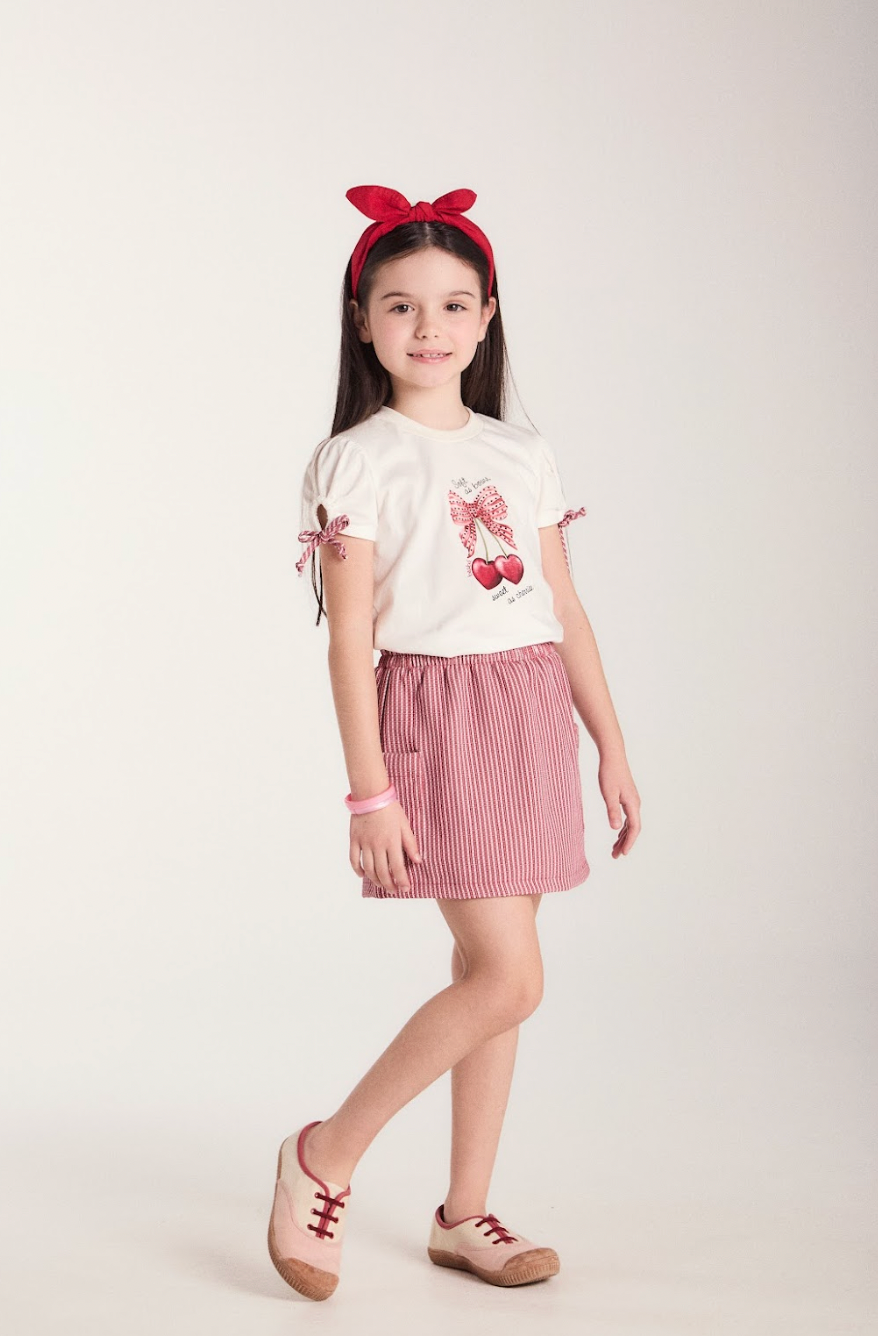 Conjunto Infantil Blusa Algodão Lacinhos Mangas e Saia Sarja Xadrez Vermelho - Beabá