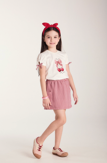 Conjunto Infantil Blusa Algodão Lacinhos Mangas e Saia Sarja Xadrez Vermelho - Beabá