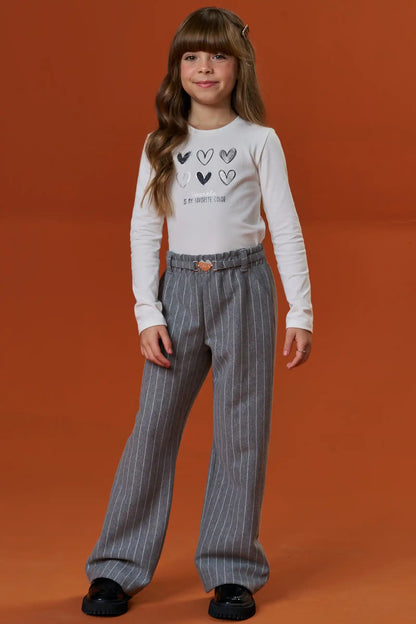 Conjunto Infantil Blusa ML em Cotton Off White e Calça em Malha Listrada - Infanti